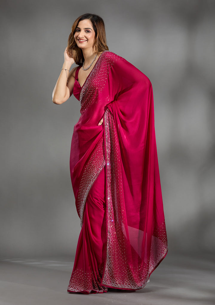 Rani Pink Chiffon Gold Stonework Saree With Matching Blouse Piece