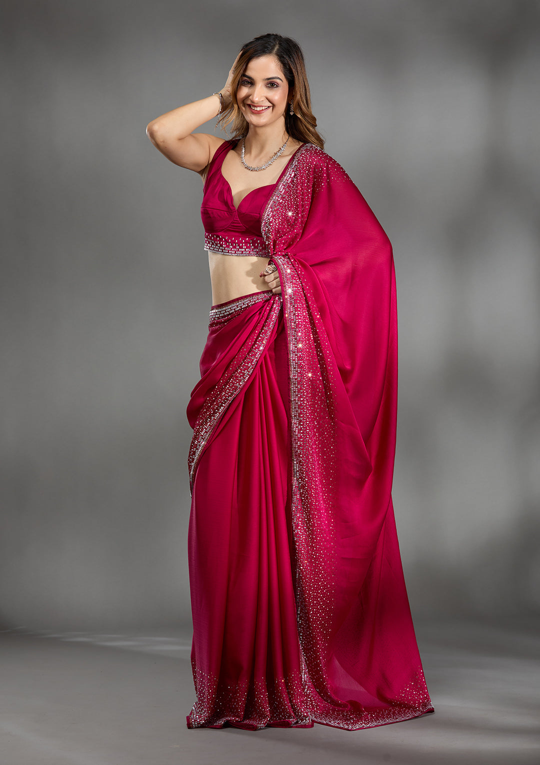 Rani Pink Chiffon Gold Stonework Saree With Matching Blouse Piece