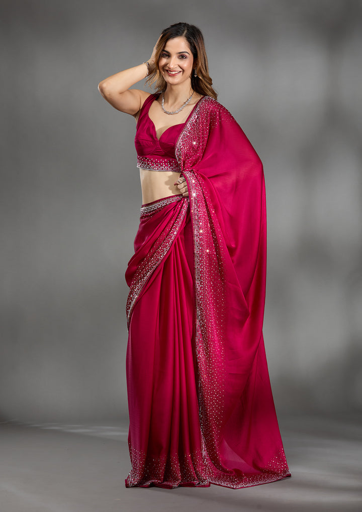 Rani Pink Chiffon Gold Stonework Saree With Matching Blouse Piece