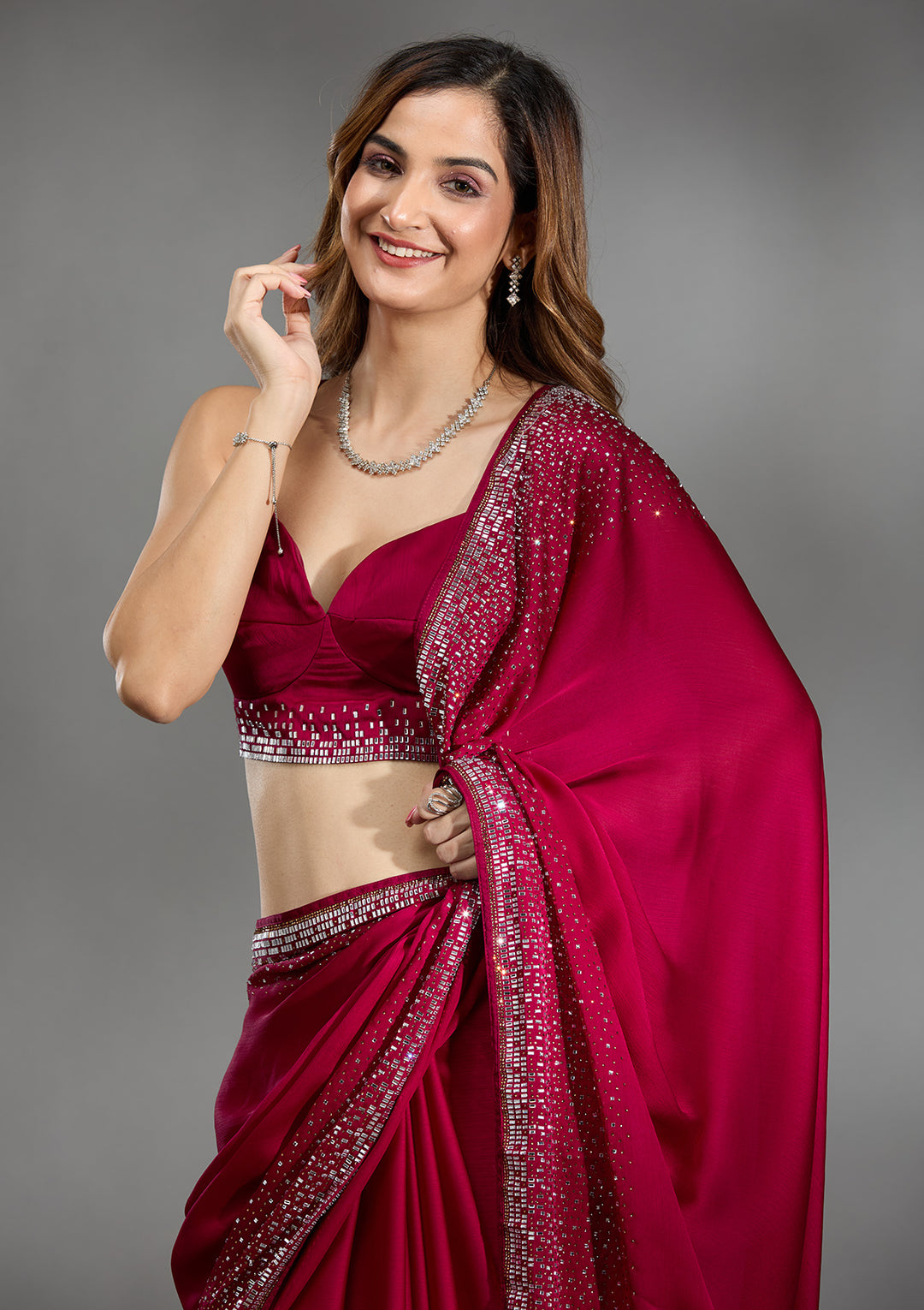 Rani Pink Chiffon Gold Stonework Saree With Matching Blouse Piece