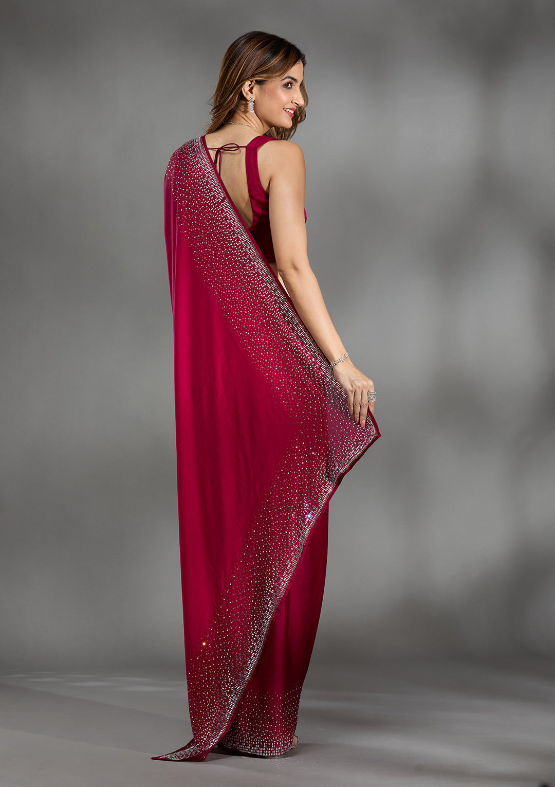 Rani Pink Chiffon Gold Stonework Saree With Matching Blouse Piece