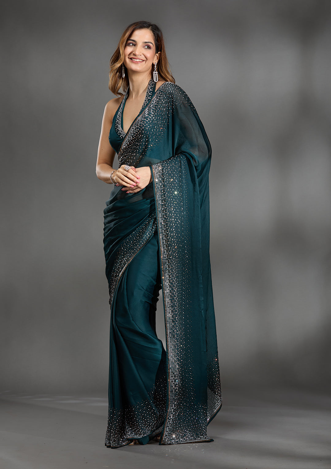 Teal Green Stonework Chiffon Saree