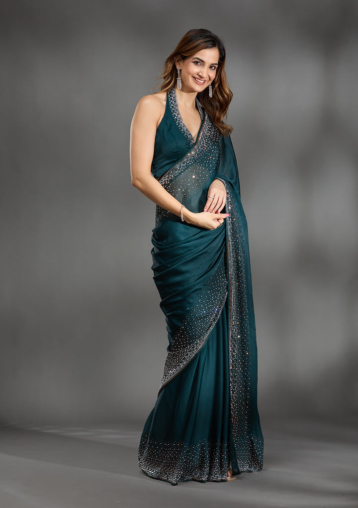 Teal Green Stonework Chiffon Saree