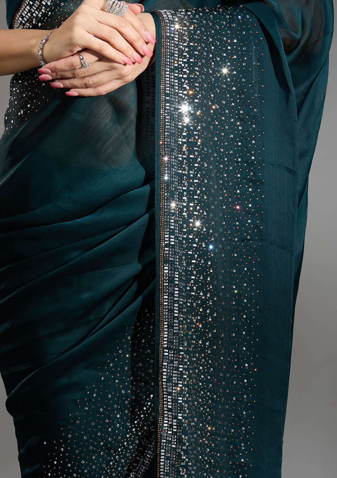 Teal Green Stonework Chiffon Saree