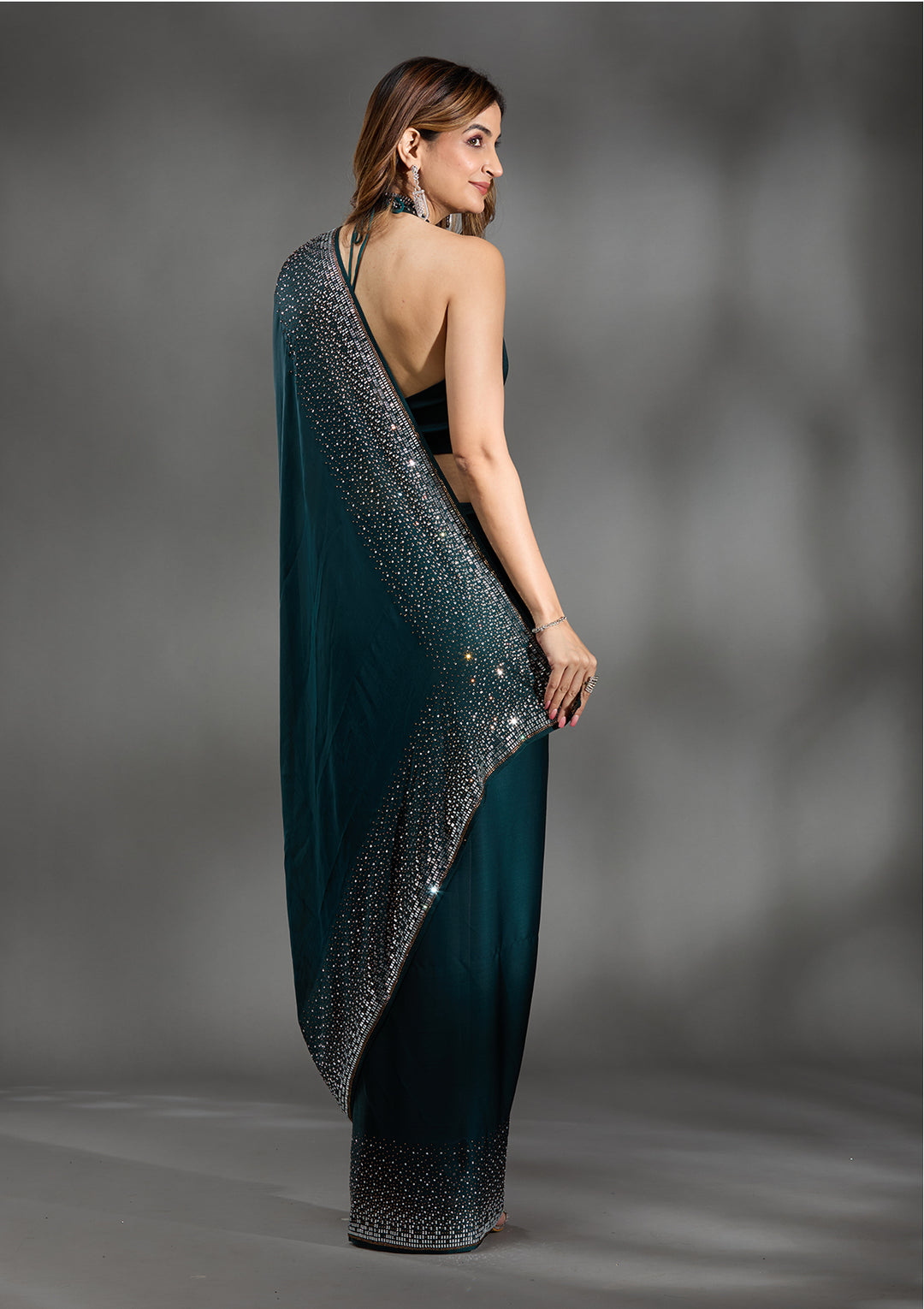 Teal Green Stonework Chiffon Saree