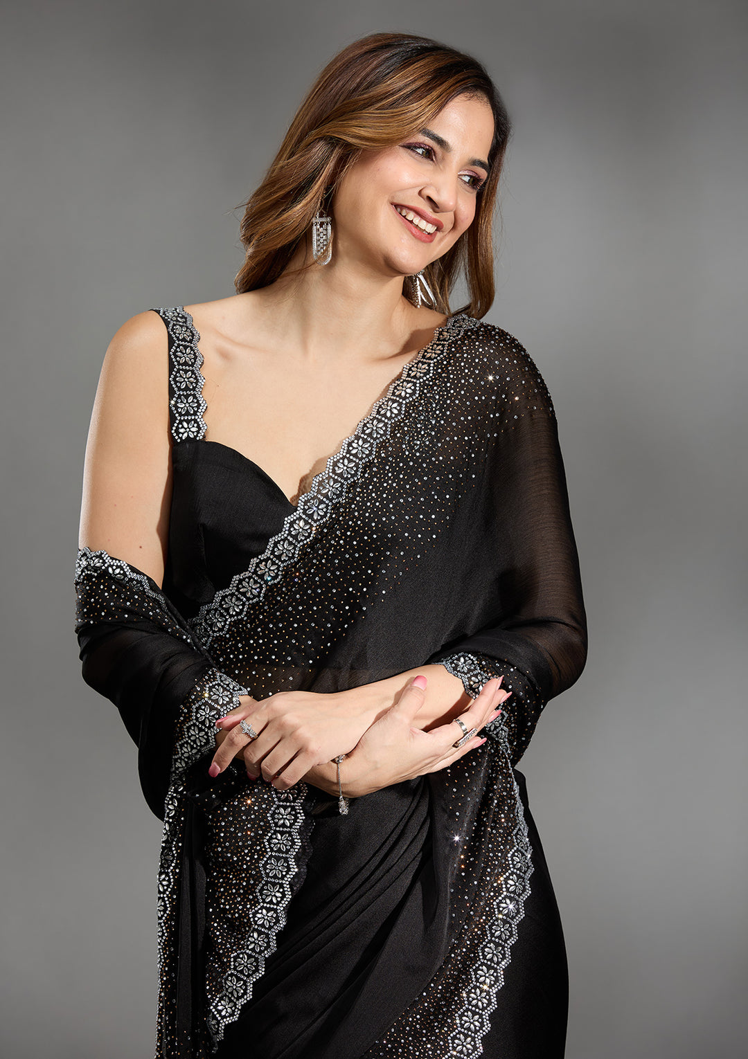 Black Stonework Chiffon Saree