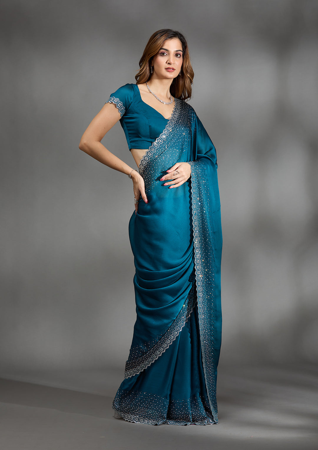 Peacock Blue Satin Gold Stonework Saree With Matching Blouse Piece
