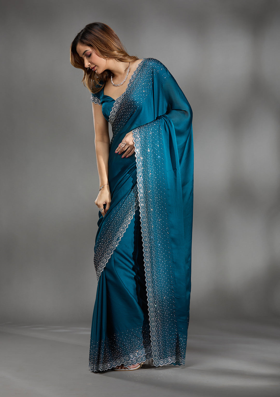 Peacock Blue Satin Gold Stonework Saree With Matching Blouse Piece