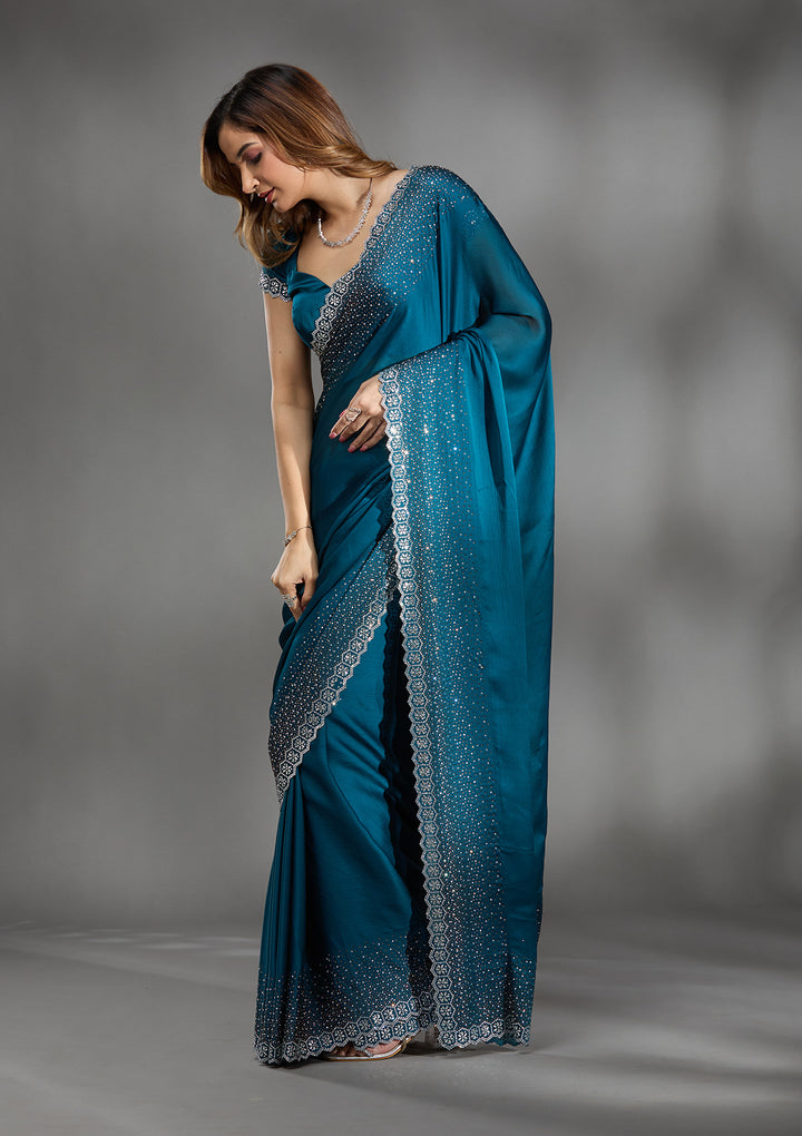 Peacock Blue Satin Gold Stonework Saree With Matching Blouse Piece