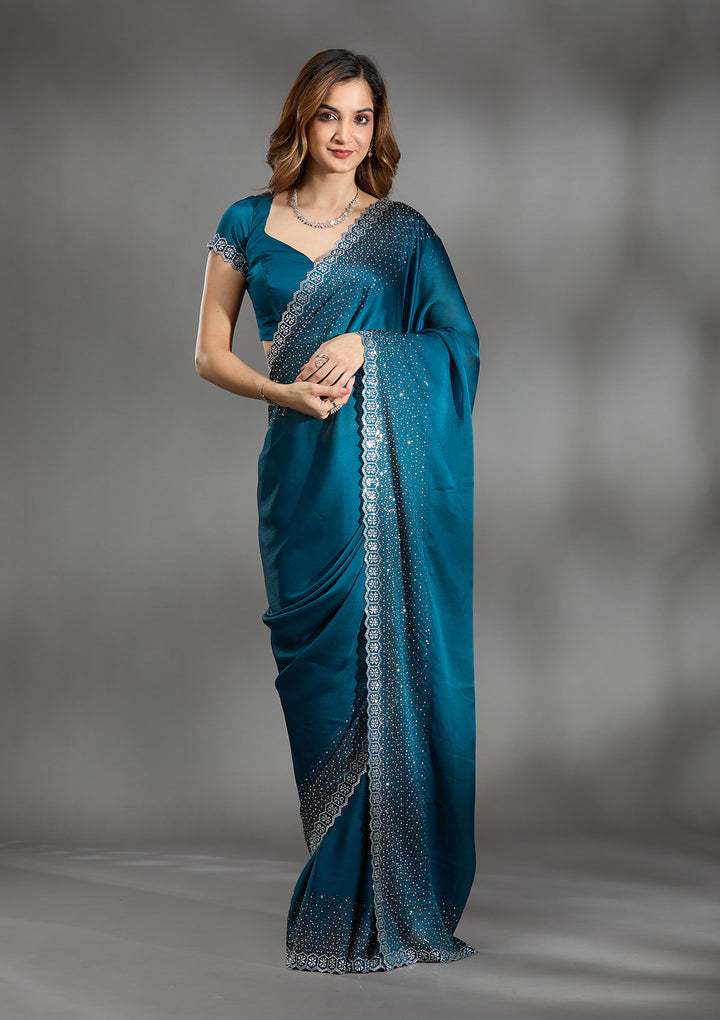 Peacock Blue Satin Gold Stonework Saree With Matching Blouse Piece