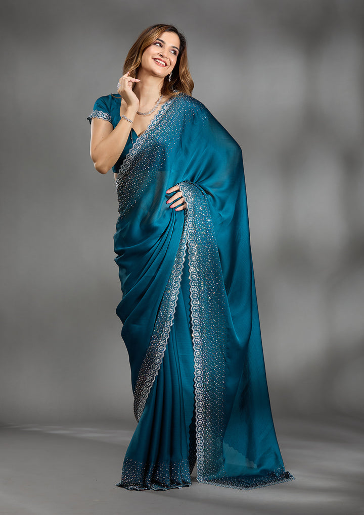 Peacock Blue Satin Gold Stonework Saree With Matching Blouse Piece
