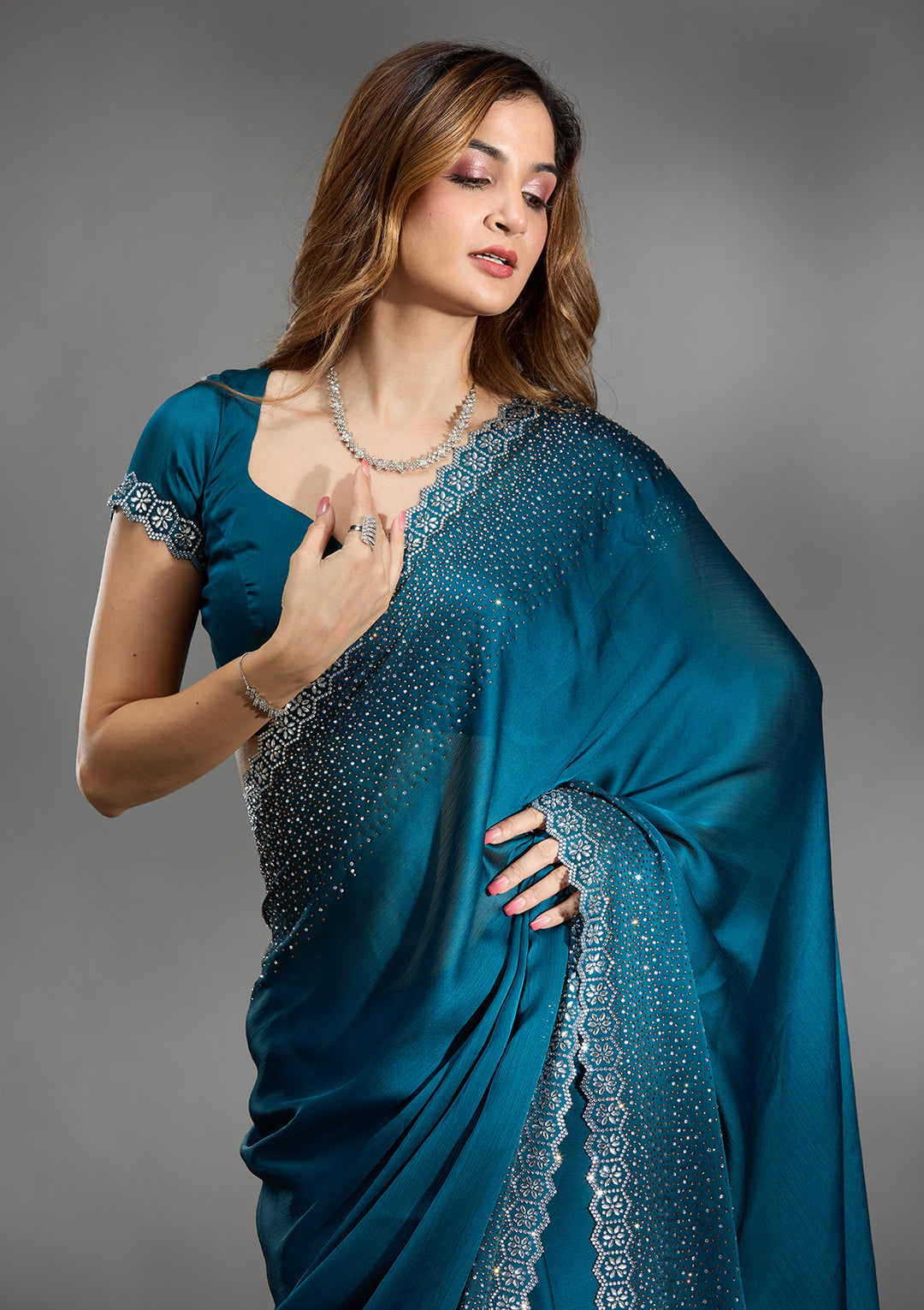 Peacock Blue Satin Gold Stonework Saree With Matching Blouse Piece