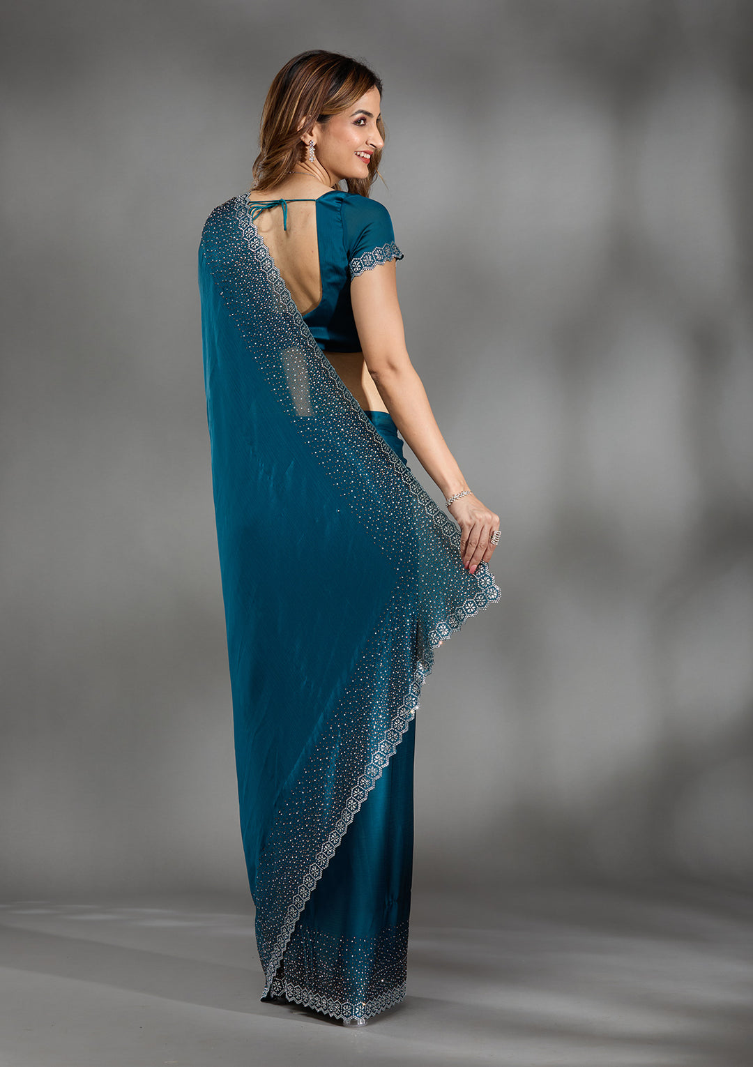 Peacock Blue Satin Gold Stonework Saree With Matching Blouse Piece