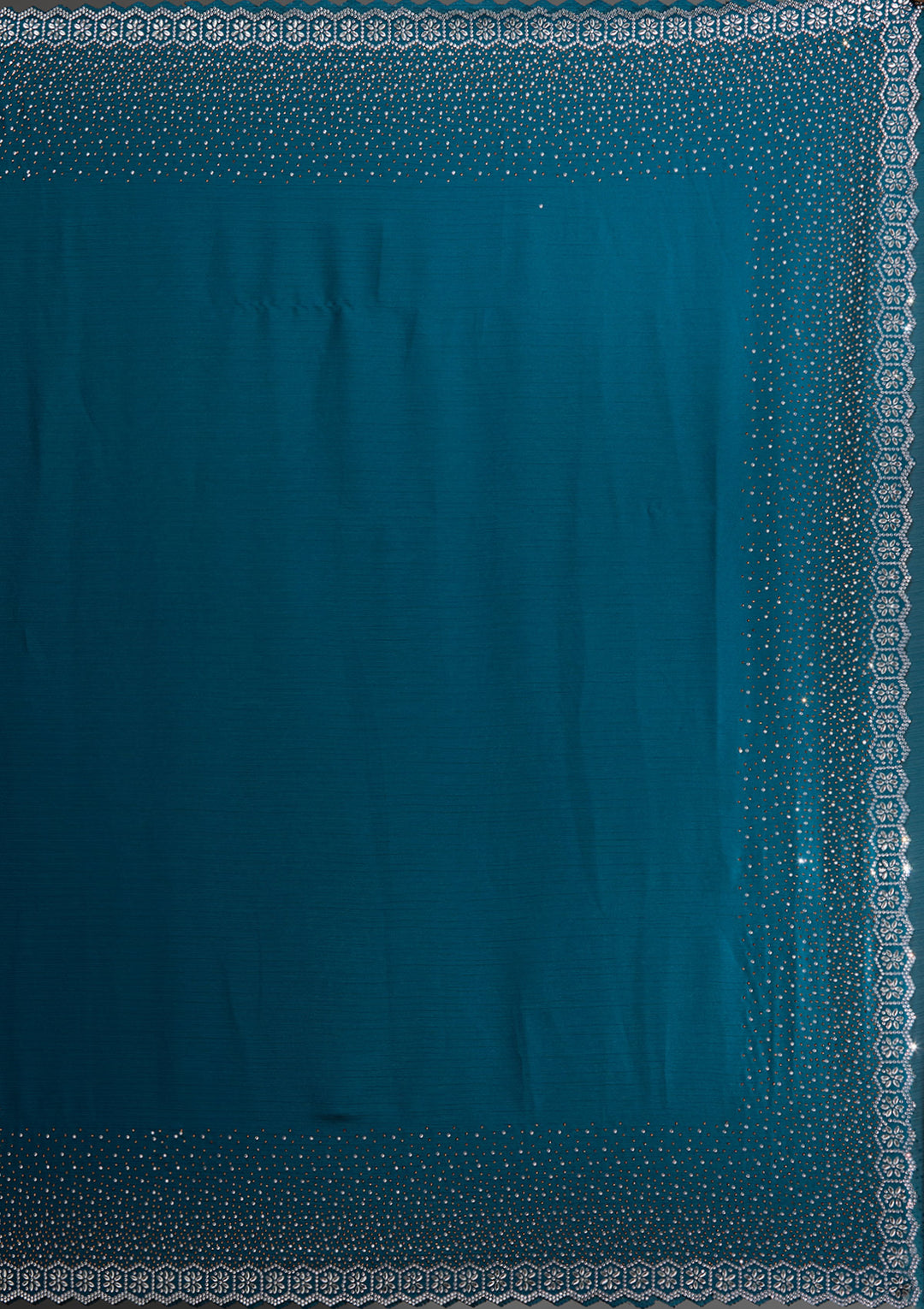 Peacock Blue Satin Gold Stonework Saree With Matching Blouse Piece