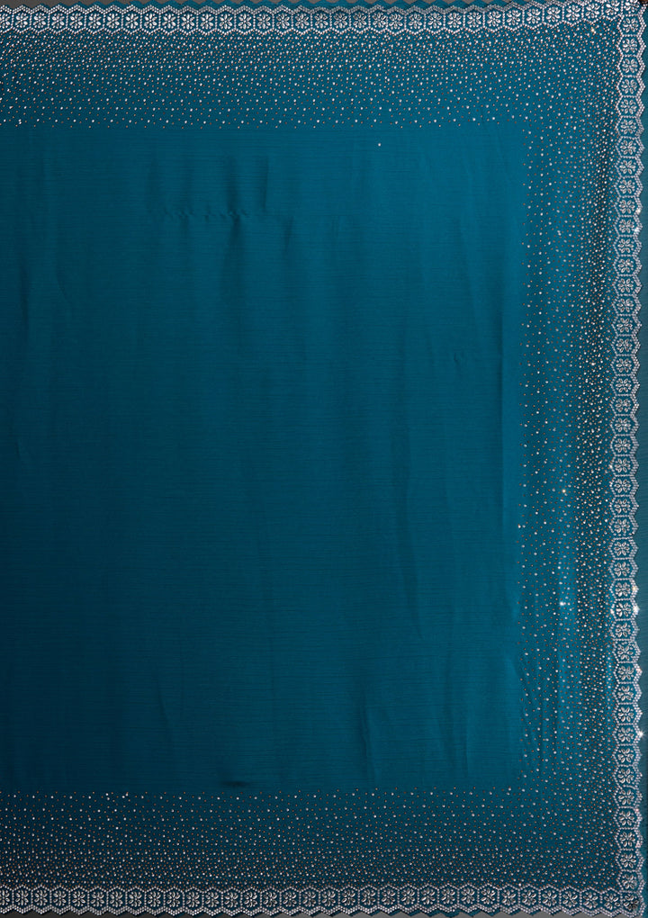 Peacock Blue Satin Gold Stonework Saree With Matching Blouse Piece