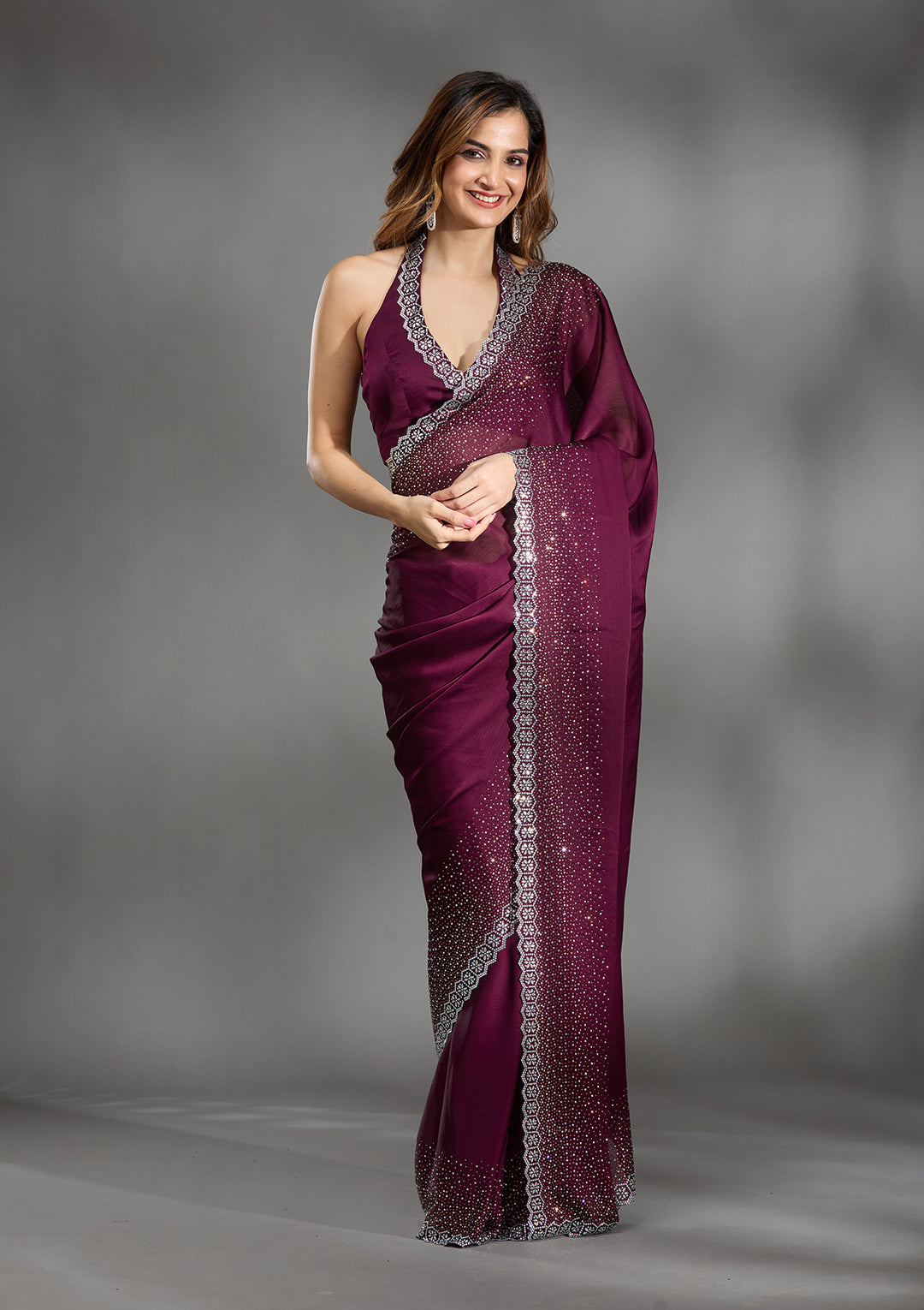 Wine Satin Gold Stonework Saree With Matching Blouse Piece