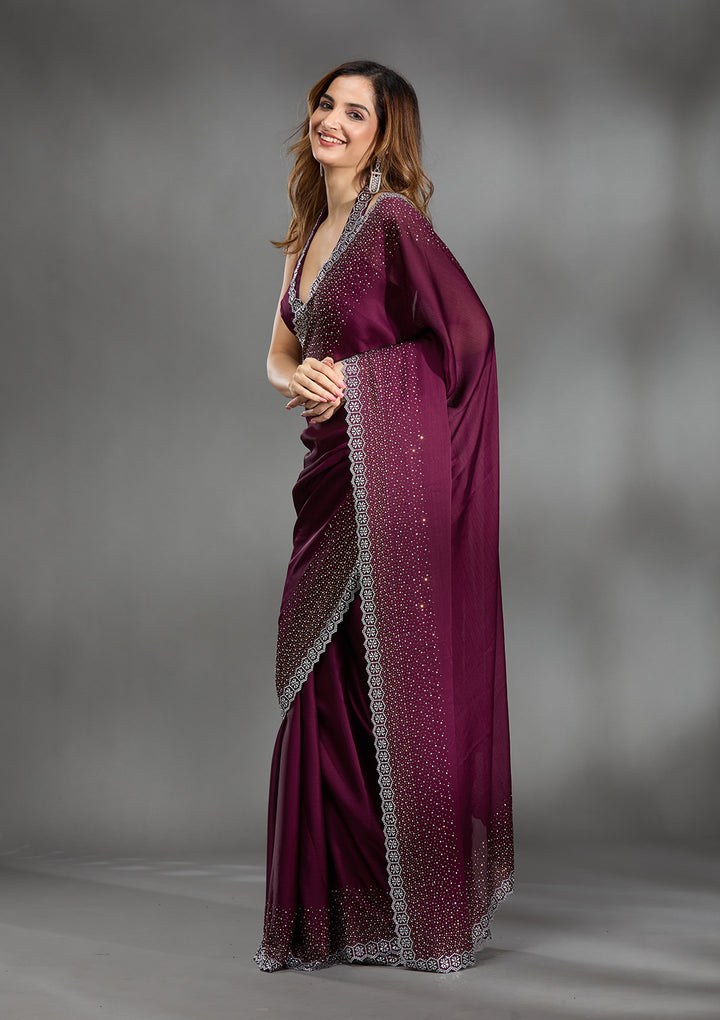 Wine Satin Gold Stonework Saree With Matching Blouse Piece