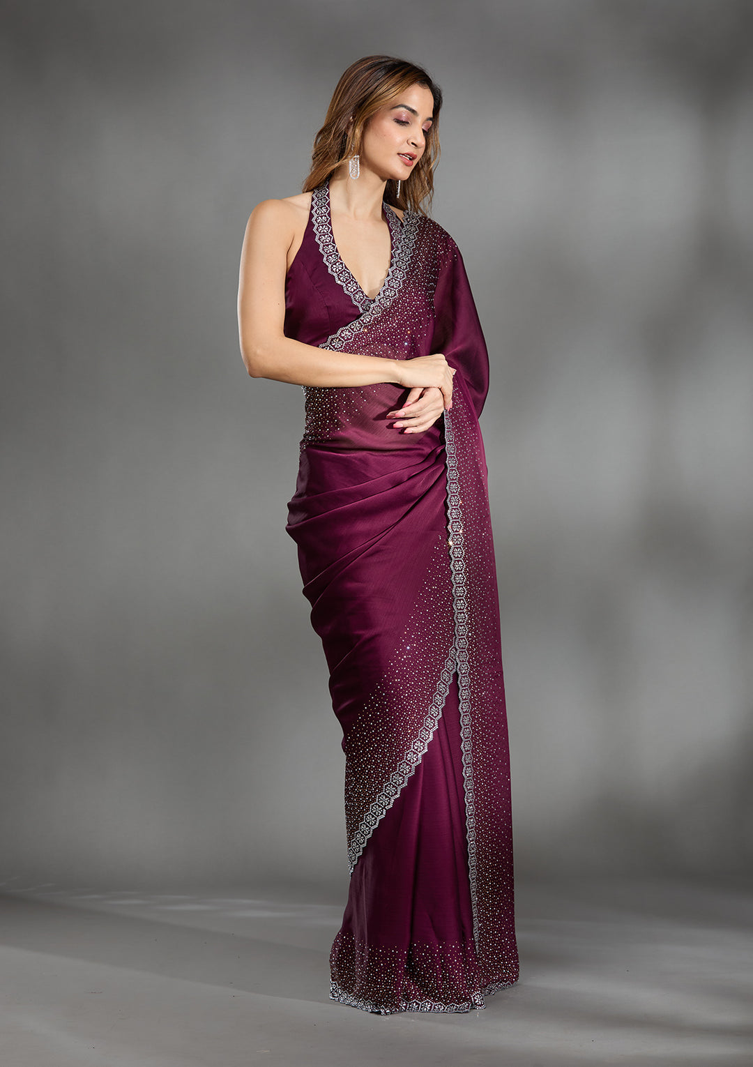 Wine Satin Gold Stonework Saree With Matching Blouse Piece