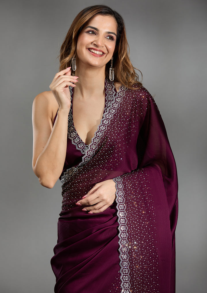 Wine Satin Gold Stonework Saree With Matching Blouse Piece