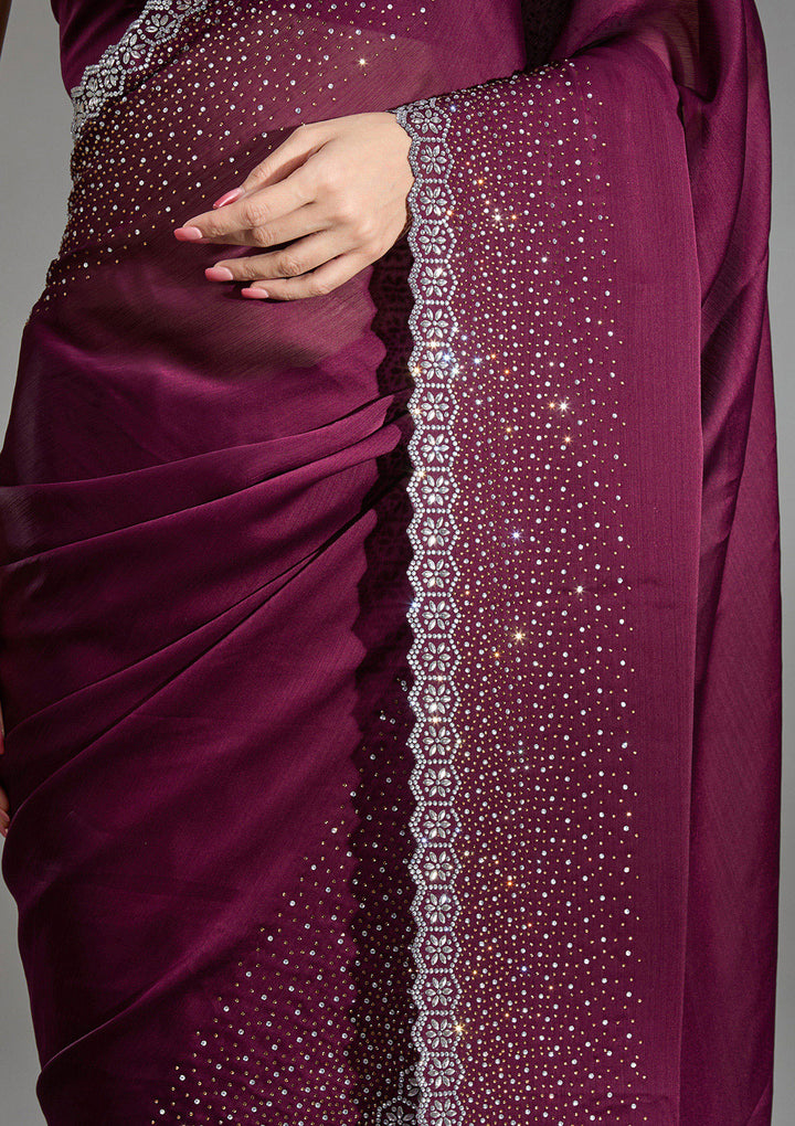 Wine Satin Gold Stonework Saree With Matching Blouse Piece