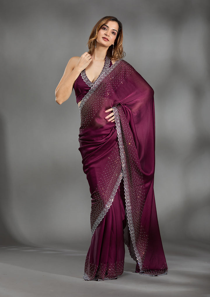 Wine Satin Gold Stonework Saree With Matching Blouse Piece