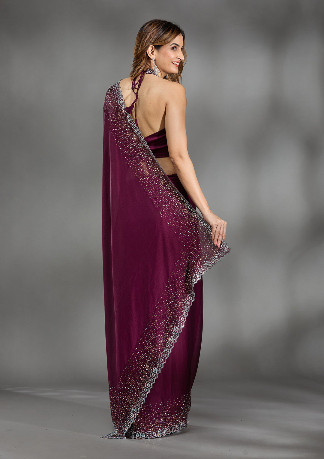 Wine Satin Gold Stonework Saree With Matching Blouse Piece