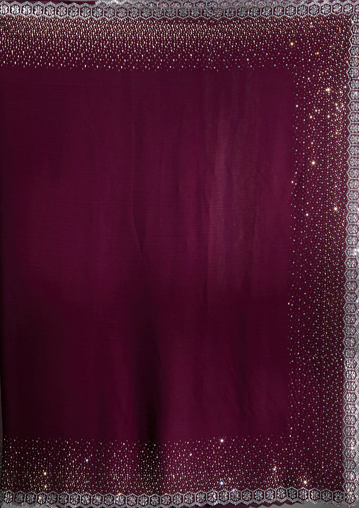 Wine Satin Gold Stonework Saree With Matching Blouse Piece