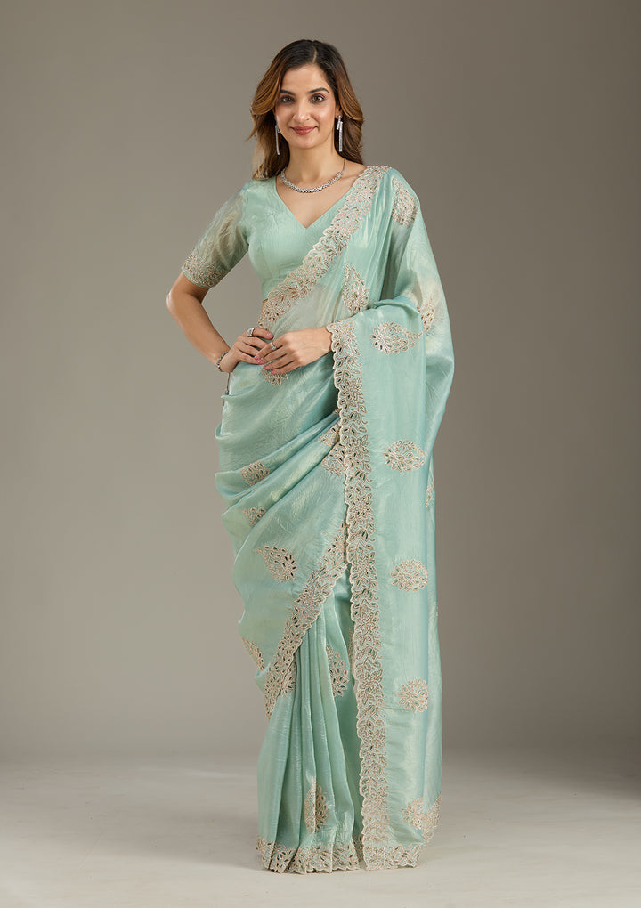 Sea Green Tissue Cutwork Saree With Matching Blouse Piece