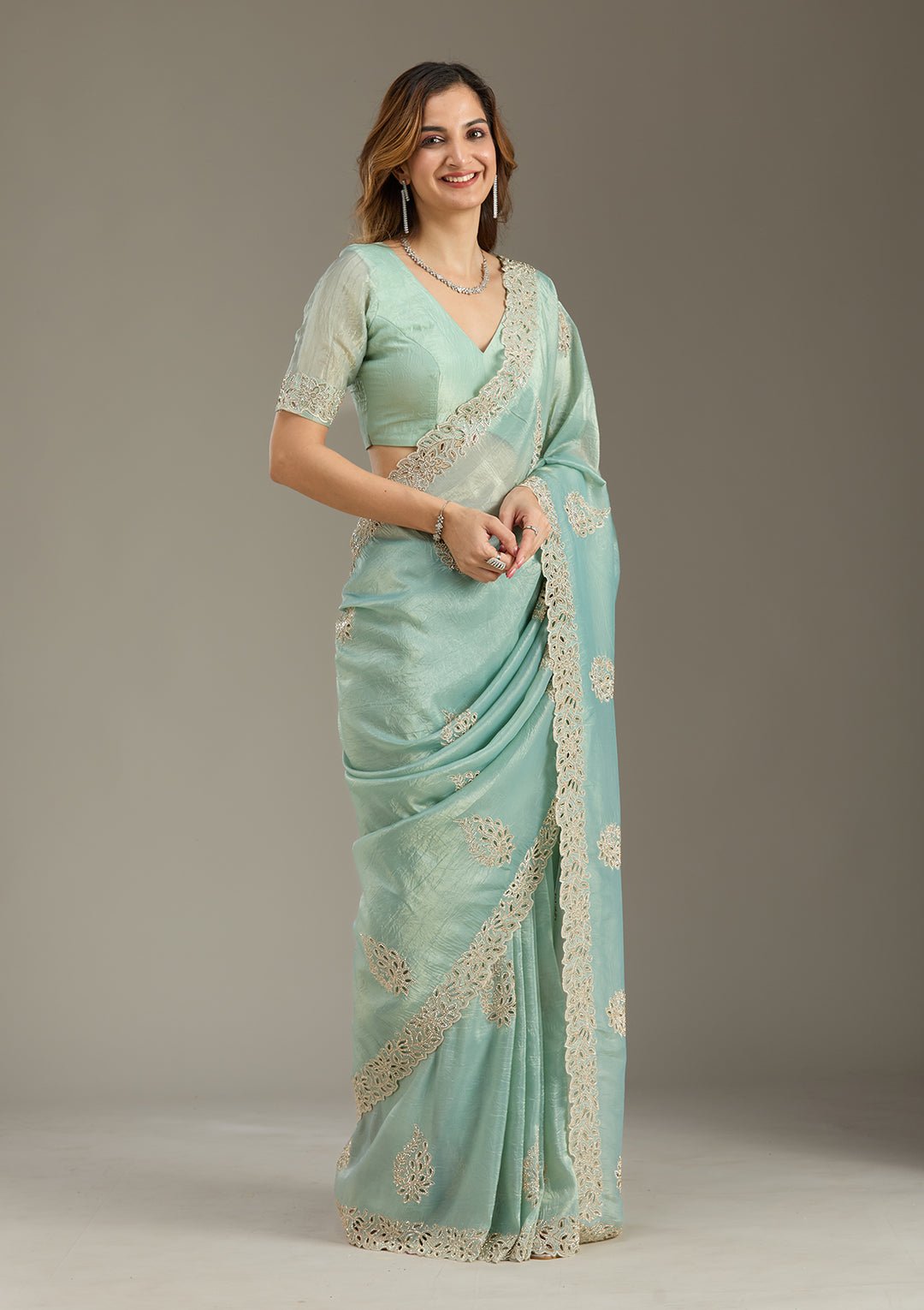 Sea Green Tissue Cutwork Saree With Matching Blouse Piece