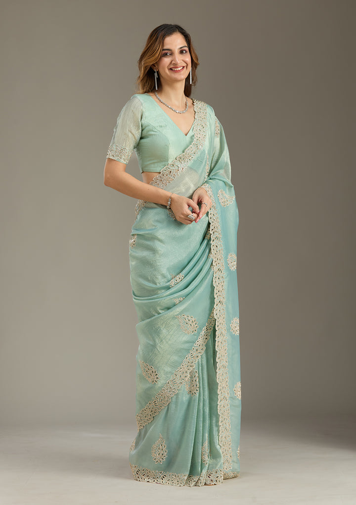 Sea Green Tissue Cutwork Saree With Matching Blouse Piece