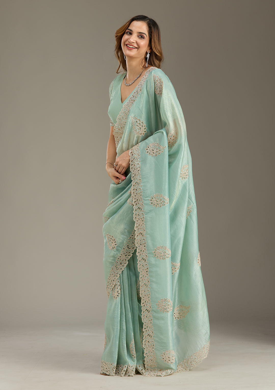 Sea Green Tissue Cutwork Saree With Matching Blouse Piece