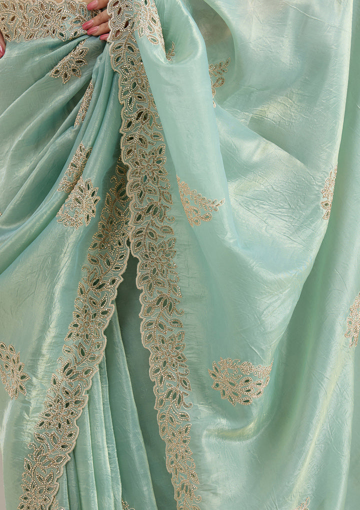 Sea Green Tissue Cutwork Saree With Matching Blouse Piece