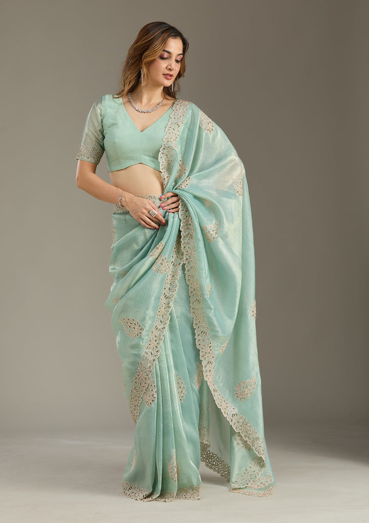 Sea Green Tissue Cutwork Saree With Matching Blouse Piece