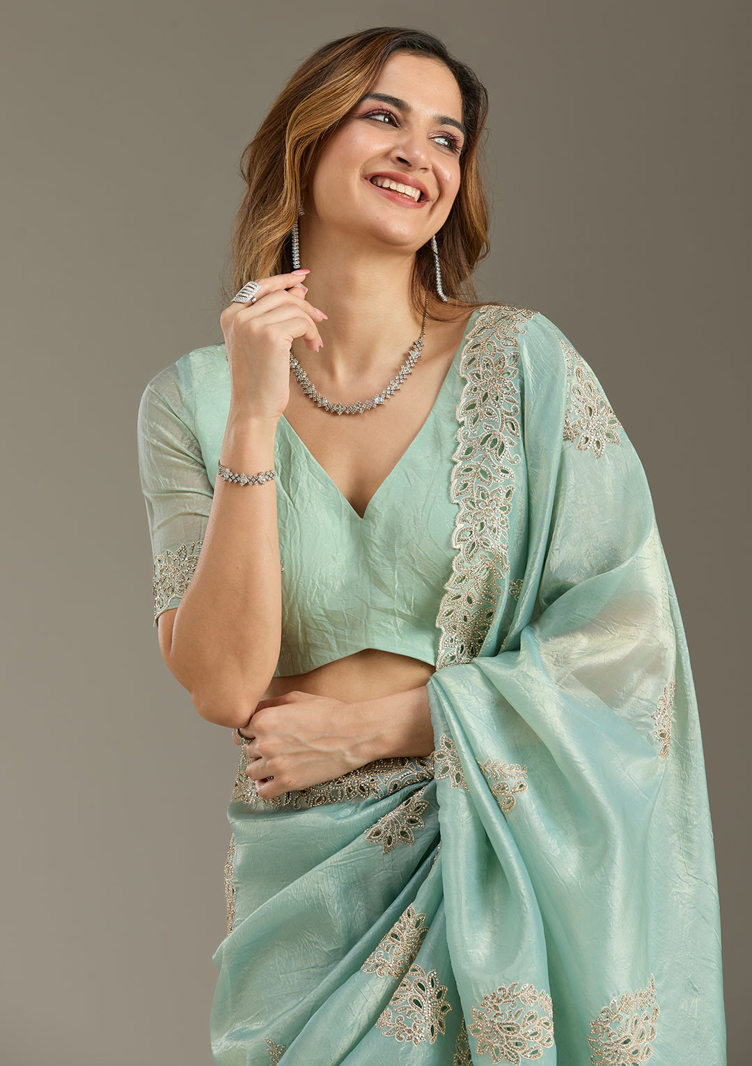 Sea Green Tissue Cutwork Saree With Matching Blouse Piece