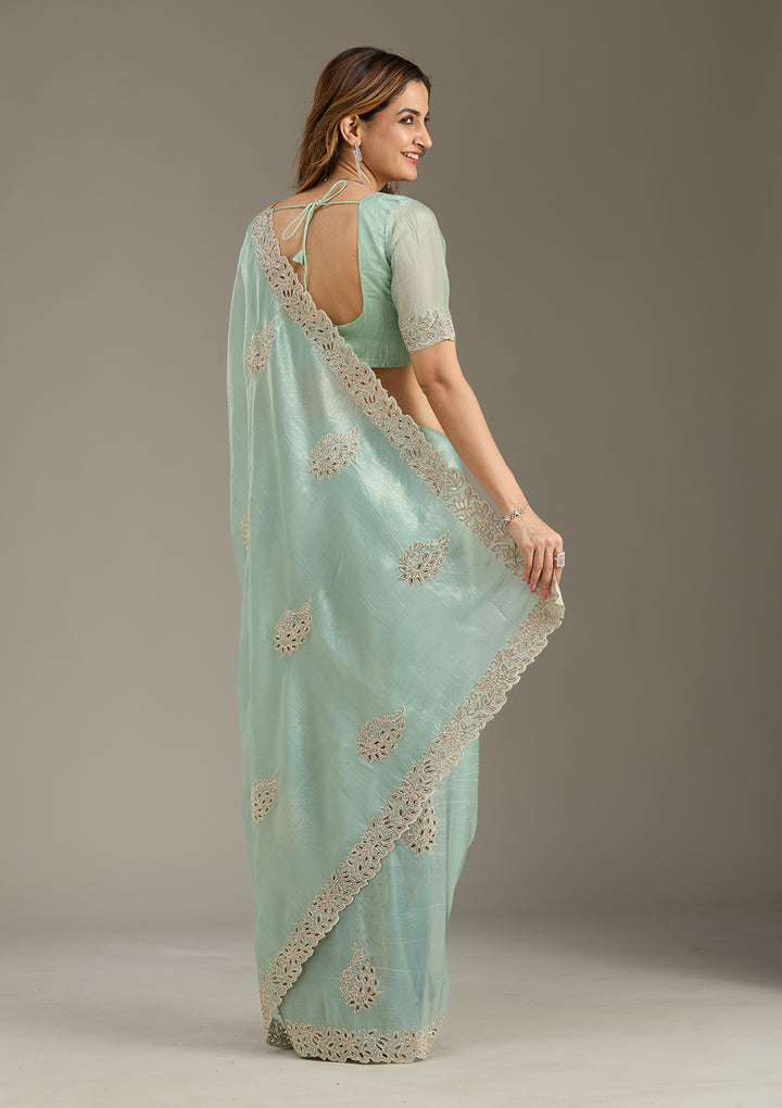 Sea Green Tissue Cutwork Saree With Matching Blouse Piece