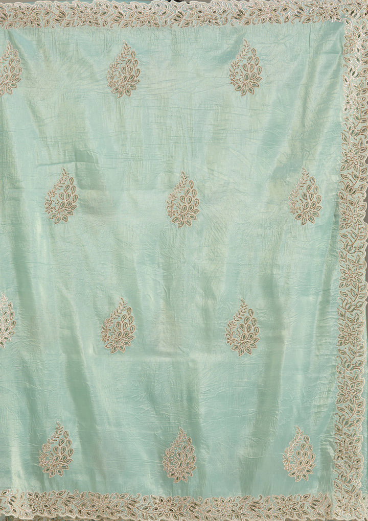 Sea Green Tissue Cutwork Saree With Matching Blouse Piece
