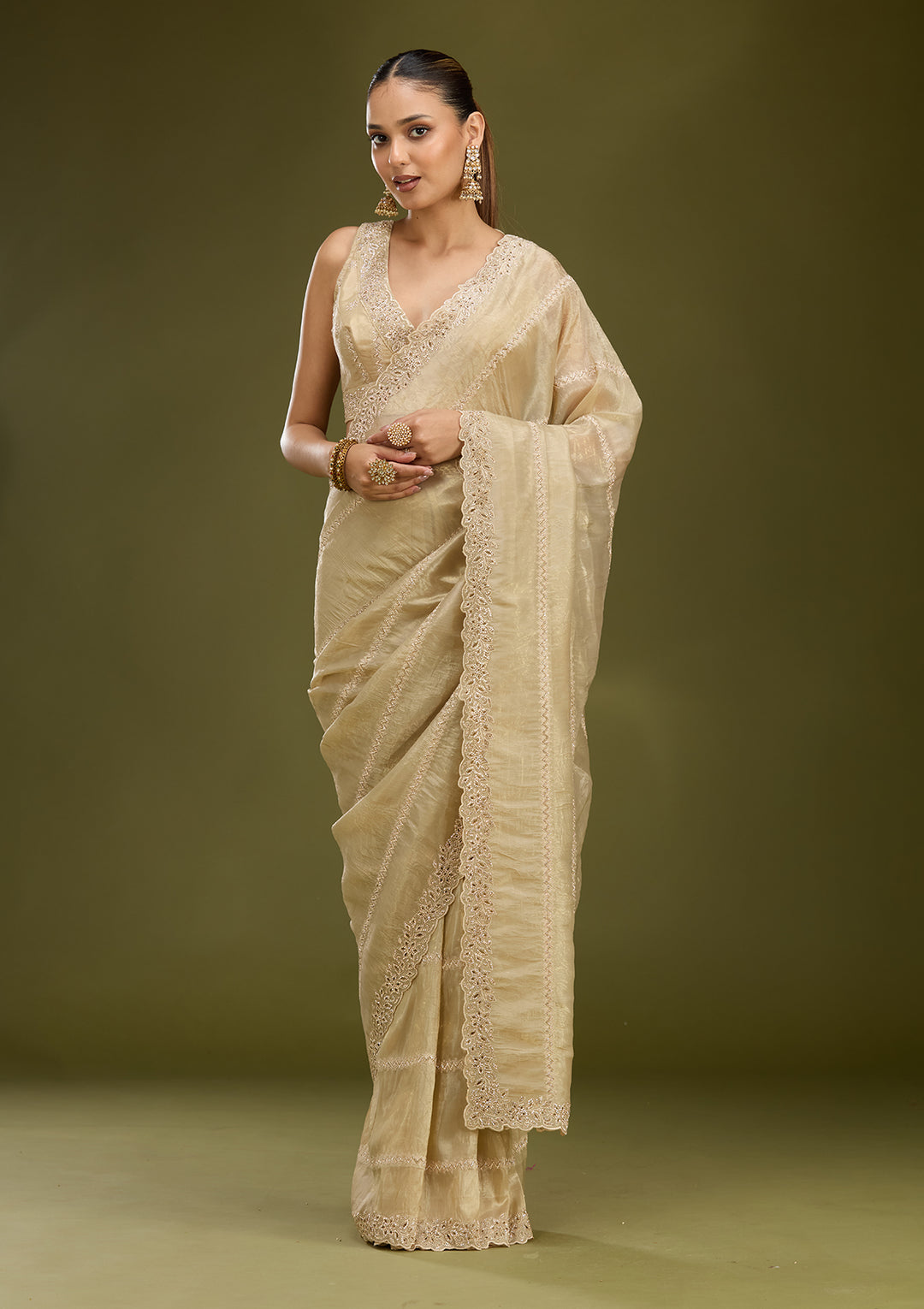 Gold Tissue Cutwork Saree With Matching Blouse Piece