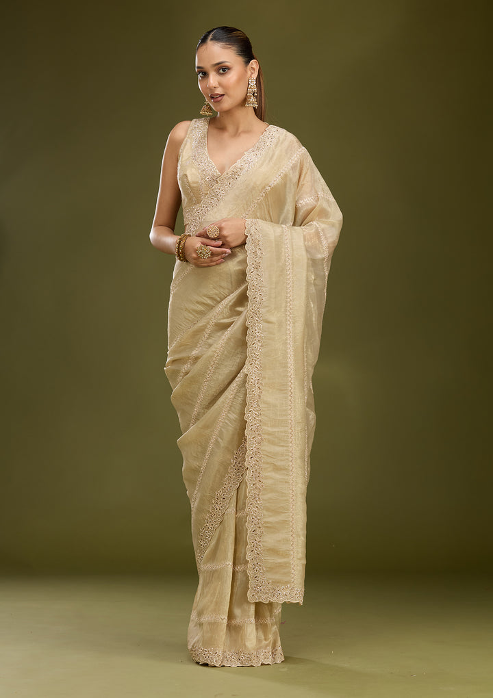 Gold Tissue Cutwork Saree With Matching Blouse Piece