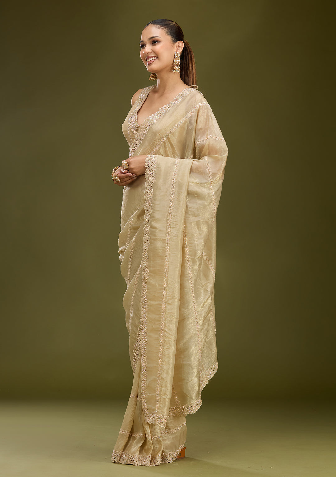 Gold Tissue Cutwork Saree With Matching Blouse Piece