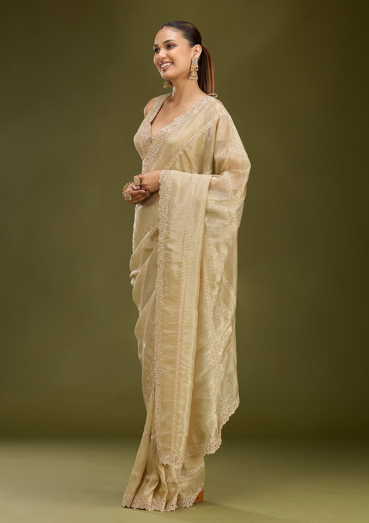 Gold Tissue Cutwork Saree With Matching Blouse Piece