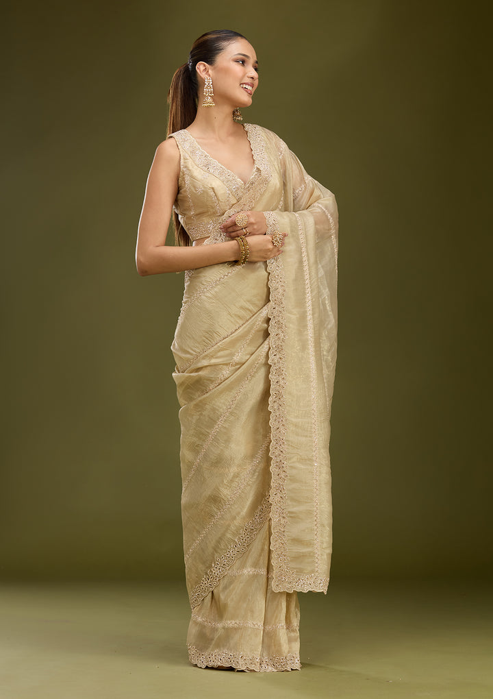 Gold Tissue Cutwork Saree With Matching Blouse Piece
