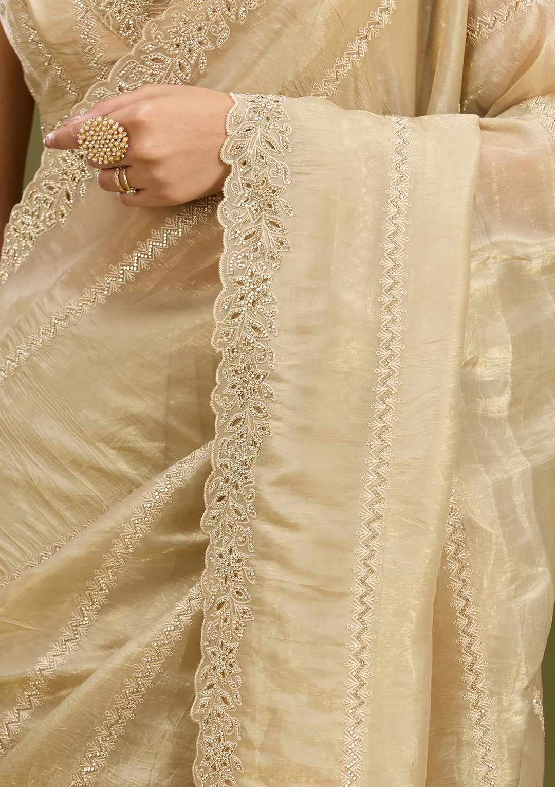 Gold Tissue Cutwork Saree With Matching Blouse Piece