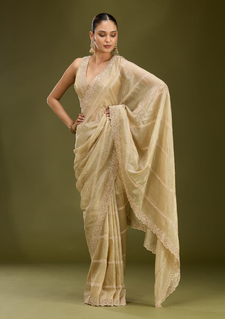 Gold Tissue Cutwork Saree With Matching Blouse Piece