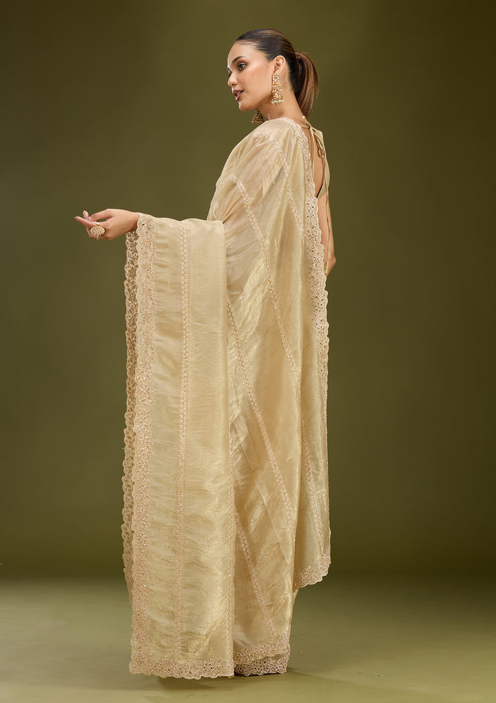 Gold Tissue Cutwork Saree With Matching Blouse Piece
