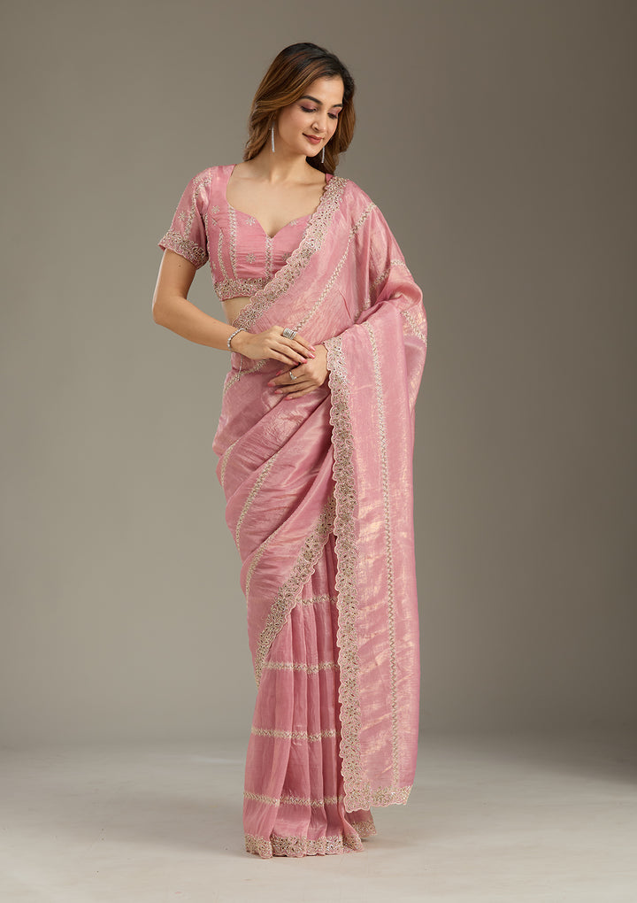 Pink Tissue Cutwork Saree With Matching Blouse Piece