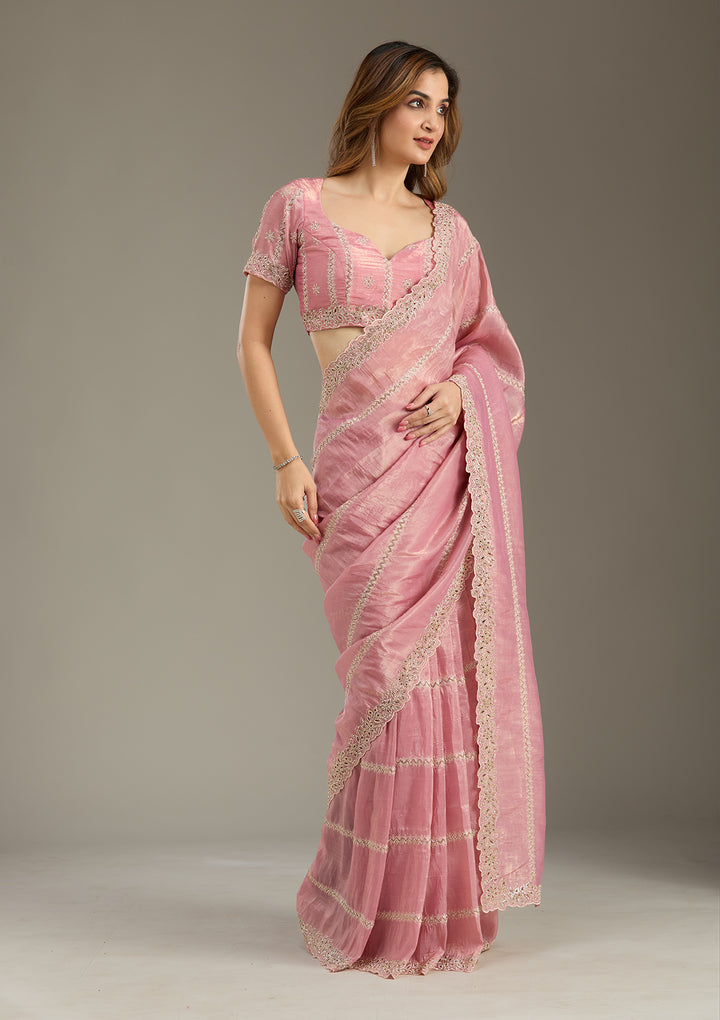 Pink Tissue Cutwork Saree With Matching Blouse Piece