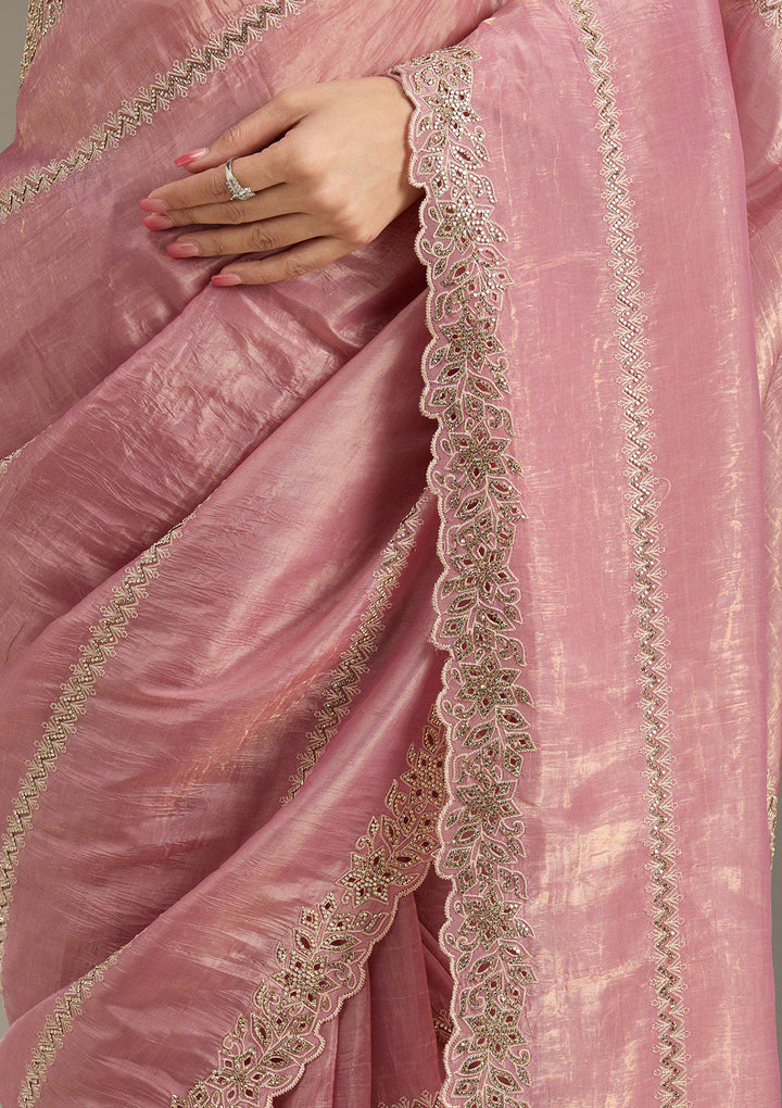 Pink Tissue Cutwork Saree With Matching Blouse Piece