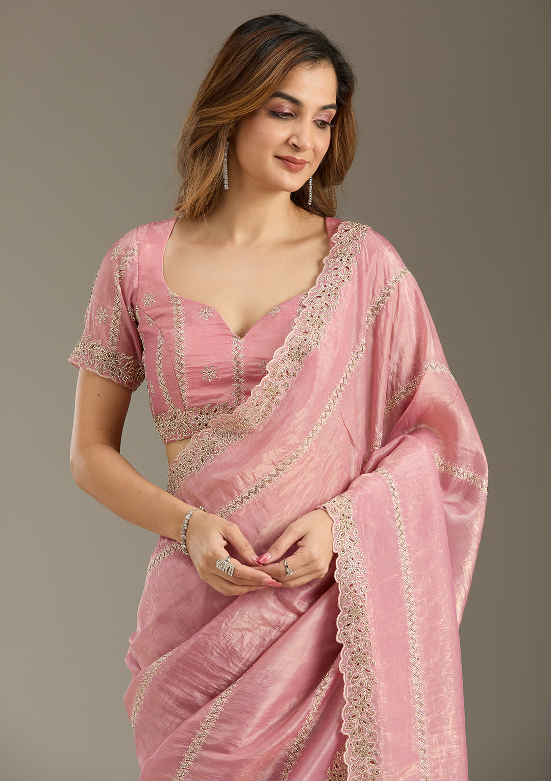 Pink Tissue Cutwork Saree With Matching Blouse Piece