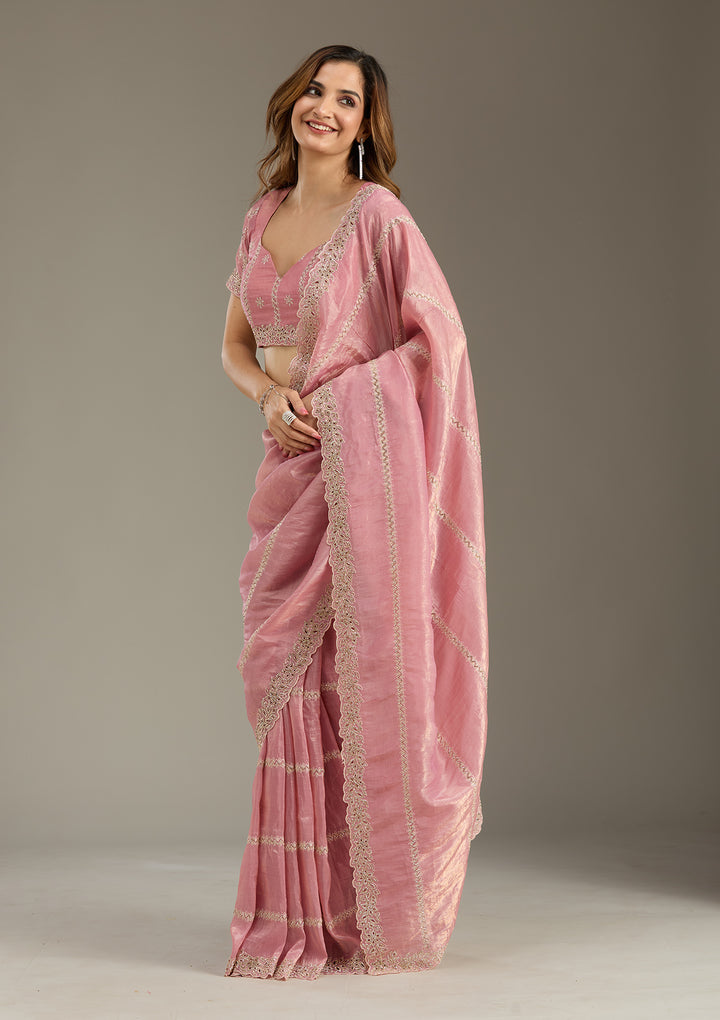 Pink Tissue Cutwork Saree With Matching Blouse Piece