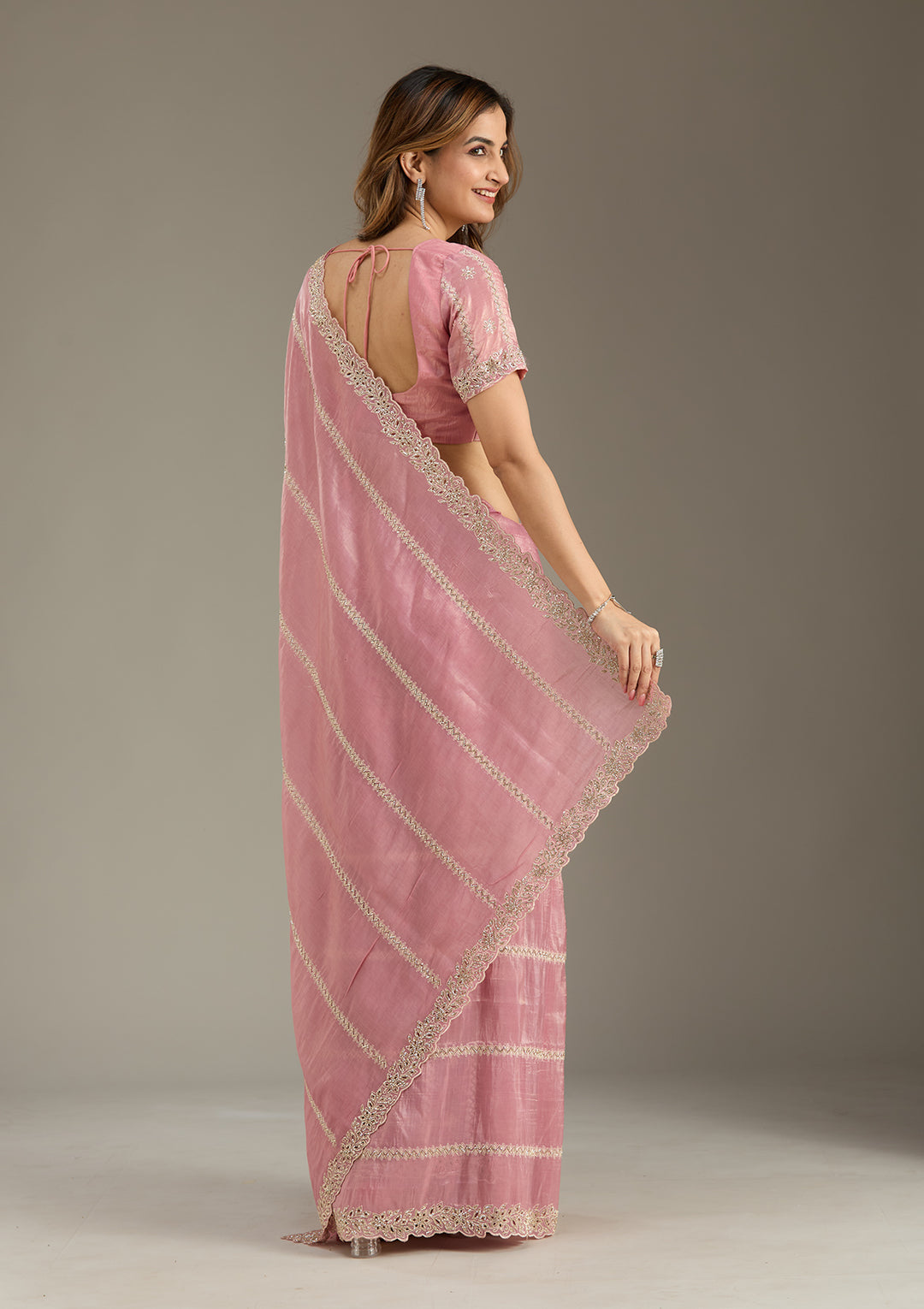 Pink Tissue Cutwork Saree With Matching Blouse Piece